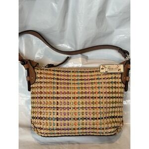 Y2K Vintage Fossil Woven Multicolored Straw Bag With Leather Handle